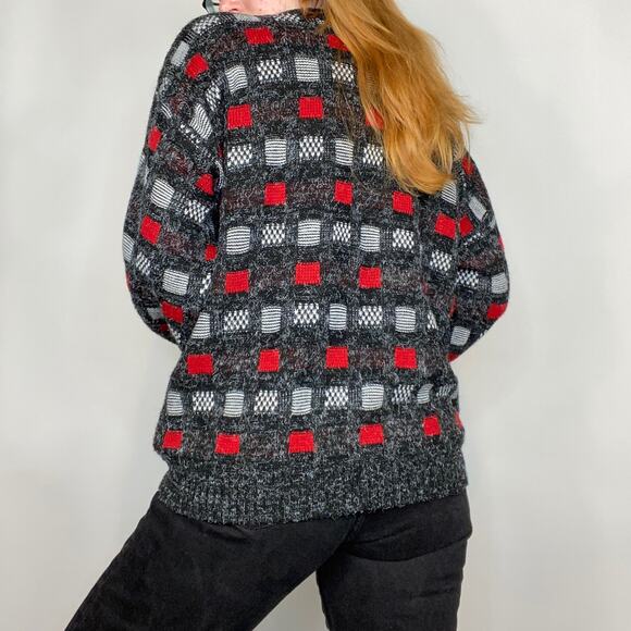 Vintage New Era Large Red & Gray Checkered Crewneck Dad/Grandpa Sweater - Picture 8 of 10